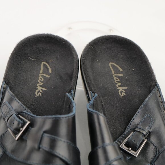 Clarks Womens Mule Size 8 Navy Leather Buckle Slip On Clogs Low Block Heel Shoes - Picture 10 of 11